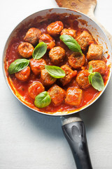 Swedish style meat free savoury flavoured balls, made with mycoprotein in tomato sauce. 