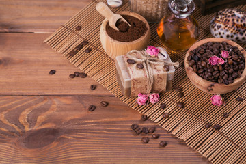 Natural handmade soap, aromatic cosmetic oil, sea salt with coffee beans