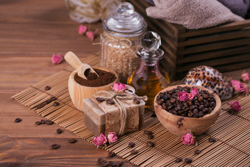 Natural handmade soap, aromatic cosmetic oil, sea salt with coffee beans