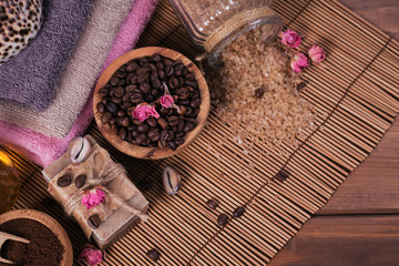 Natural handmade soap, aromatic cosmetic oil, sea salt with coffee beans