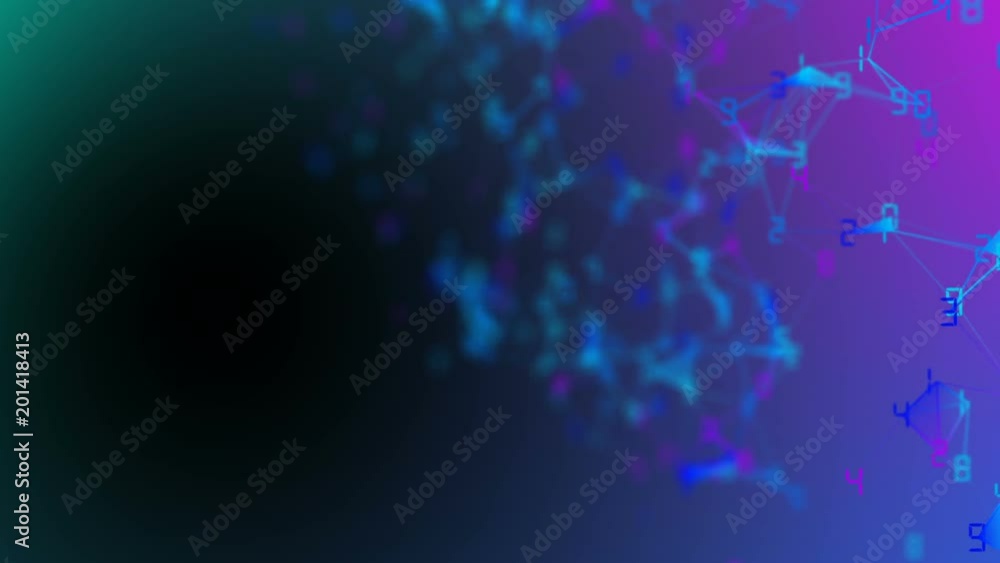Poster movement of related particles. work blockchain. color numbers. plexus business background. multicolo