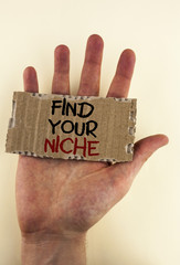 Writing note showing  Find Your Niche. Business photo showcasing search for your field Decide...