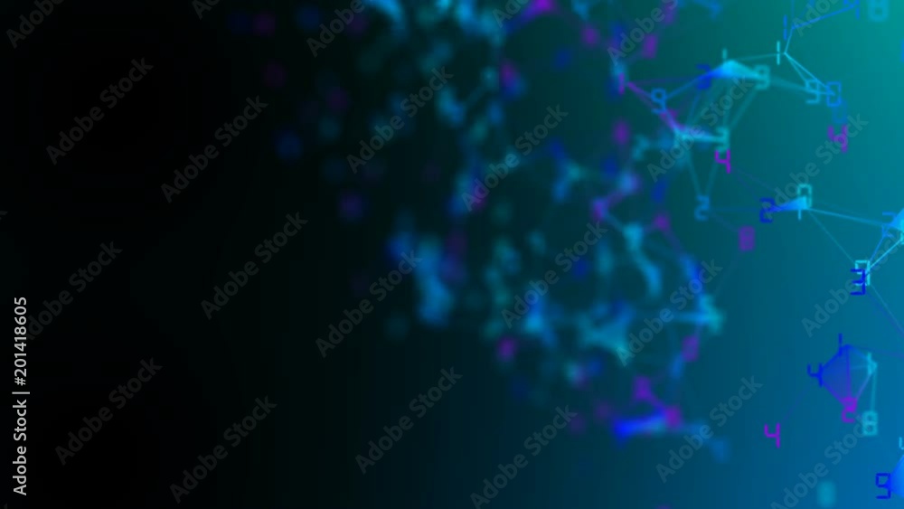 Poster movement of related particles. work blockchain. color numbers. plexus business background. multicolo