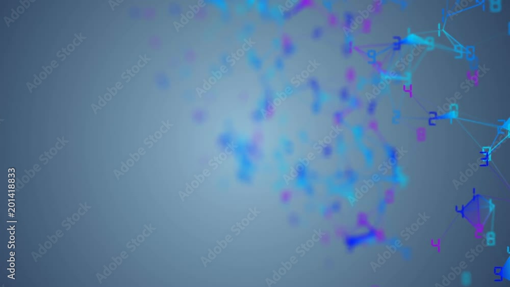 Poster movement of related particles. work blockchain. color numbers. plexus business background. light blu