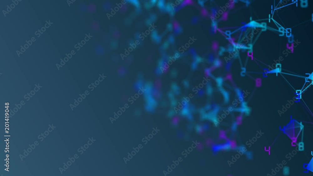 Poster movement of related particles. work blockchain. color numbers. plexus business background. blue back