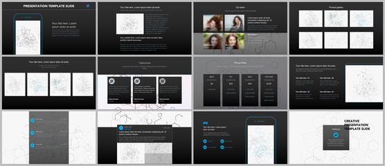 Minimal presentations, portfolio templates. Simple elements on black background. Brochure cover vector design. Presentation slides for flyer, leaflet, brochure, report. Social network concept