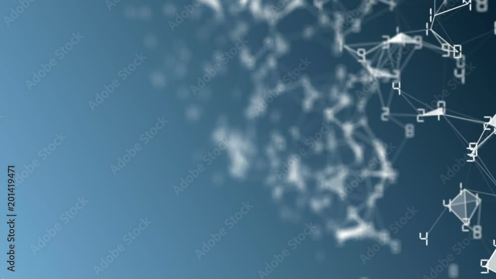 Poster movement of related particles. work blockchain. white numbers. plexus business background. blue grad