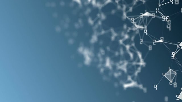 Movement of related particles. Work blockchain. White numbers. Plexus business background. Blue gradient background. Seamless loop.