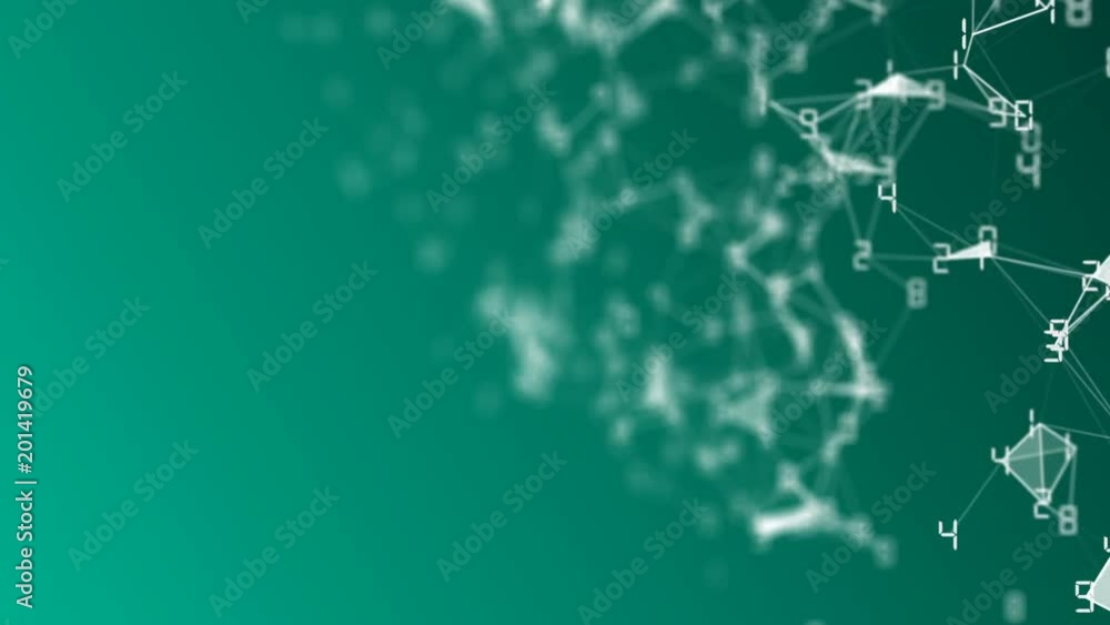 Poster movement of related particles. work blockchain. white numbers. plexus business background. dark gree