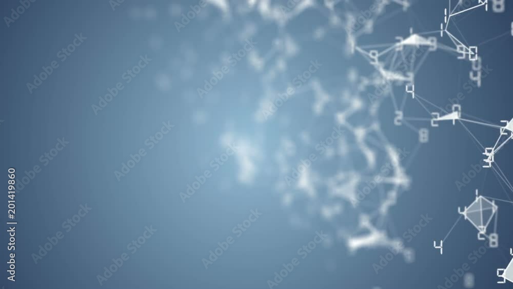 Poster movement of related particles. work blockchain. white numbers. plexus business background. light blu