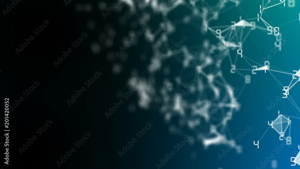 Poster movement of related particles. work blockchain. white numbers. plexus business background. multicolo