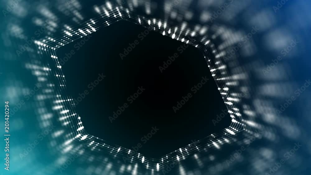 Poster Frame of pulsating elements. Cosmic eye. Place for text. Depth of field. Plexus business background. Blue and dark blue background. Seamless loop.