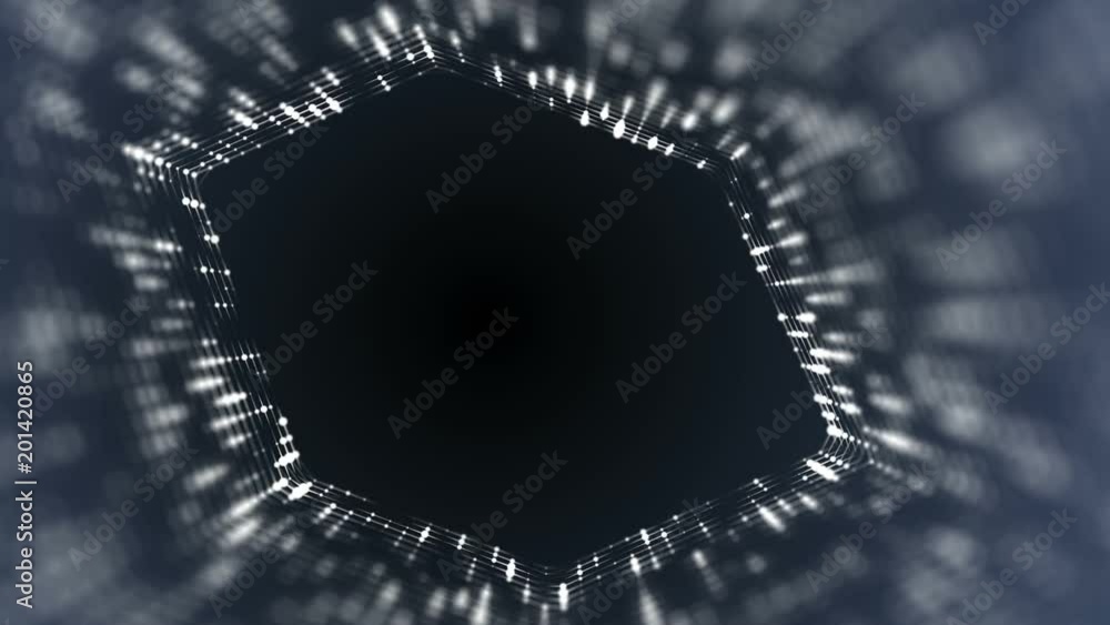 Poster Frame of pulsating elements. Cosmic eye. Place for text. Depth of field. Plexus business background. Dark blue background. Seamless loop.