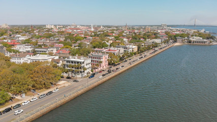 Fototapeta na wymiar Aerial view of Charleston cityscape from the river, South Carolina