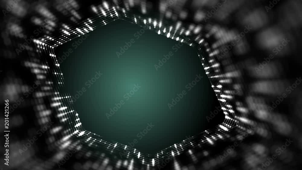 Poster Frame of pulsating elements. Cosmic eye. Place for text. Depth of field. Plexus business background. Green background. Seamless loop.