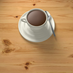 3D Rendering cup of coffee with spoon top view on wood background 2