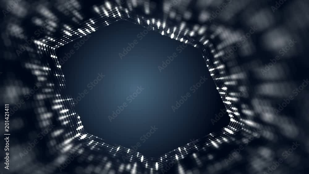 Poster Frame of pulsating elements. Cosmic eye. Place for text. Depth of field. Plexus business background. Blue background. Seamless loop.