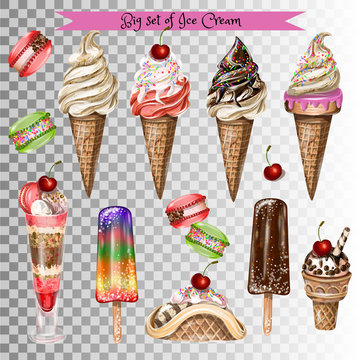 Big set of different types of ice cream. Vector.