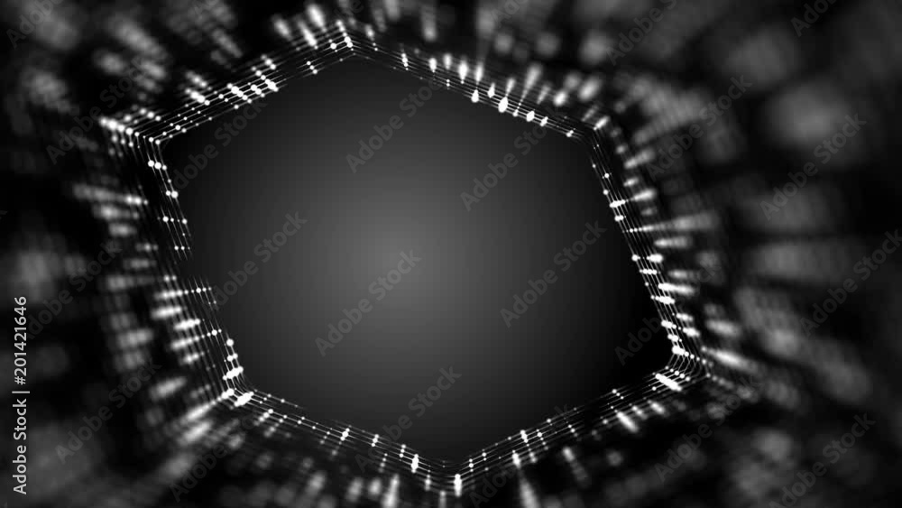 Poster Frame of pulsating elements. Cosmic eye. Place for text. Depth of field. Plexus business background. Gray background. Seamless loop.