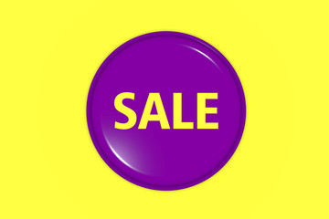 A purple button over yellow background with the words sale, 3d illustration