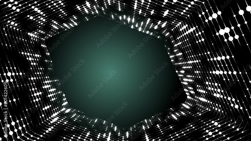 Poster Frame of pulsating elements. Cosmic eye. Place for text. Plexus business background. Green background. Seamless loop.