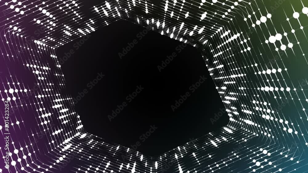 Poster Frame of pulsating elements. Cosmic eye. Place for text. Plexus business background. Multicolored background. Seamless loop.