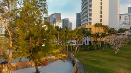 Obraz premium Brickell Key at sunrise aerial view, Miami