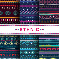 Set of six colorful ethnic patterns. Background in the boho style, geometric vector seamless patterns.Seamless vector tribal texture.