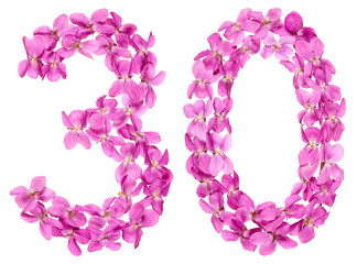 Arabic numeral 30, thirty, from flowers of viola, isolated on white background