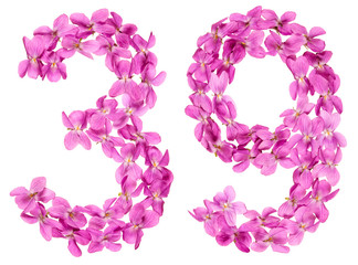 Arabic numeral 39, thirty nine, from flowers of viola, isolated on white background