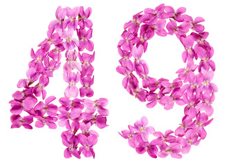 Arabic numeral 49, forty nine, from flowers of viola, isolated on white background
