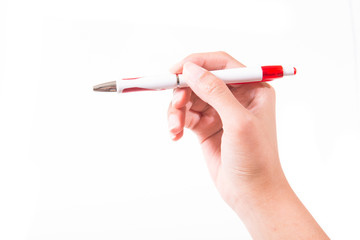 Woman hand writing with a pen, background white, isolated