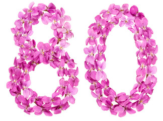 Arabic numeral 80, eighty, from flowers of viola, isolated on white background