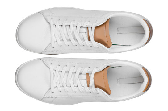 White leather male sneakers shoes on laces