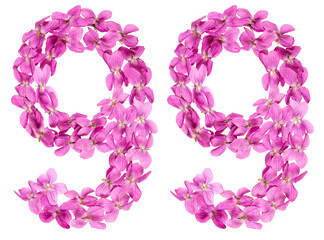 Arabic numeral 99, ninety nine, from flowers of viola, isolated on white background