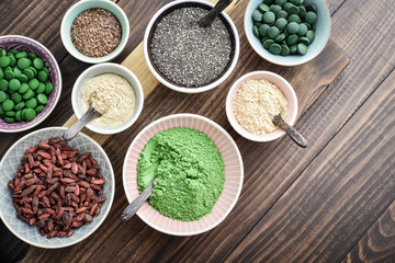 Different super foods in bowls