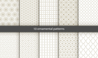 Vector set of 10 oriental patterns. White and gold background with Arabic ornaments. Patterns, backgrounds and wallpapers for your design. Textile ornament. Vector illustration.