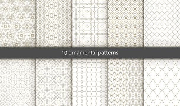 Vector set of 10 oriental patterns. White and gold background with Arabic ornaments. Patterns, backgrounds and wallpapers for your design. Textile ornament. Vector illustration.