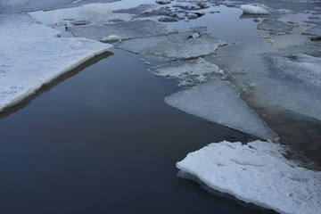 large pieces of ice are white.ice drift on the river. large ice floes floating on the water. spring is melting ice cracking.