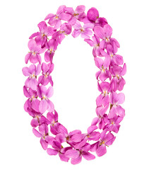 Arabic numeral 0, zero, from flowers of viola, isolated on white background