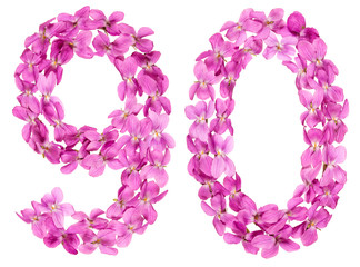 Arabic numeral 90, ninety, from flowers of viola, isolated on white background