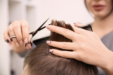 Professional female hairdresser working with client in salon