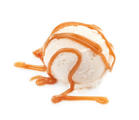 Ball of delicious vanilla ice cream with sauce on white background