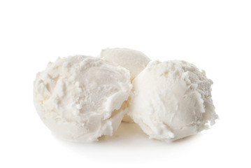 Balls of tasty vanilla ice cream on white background
