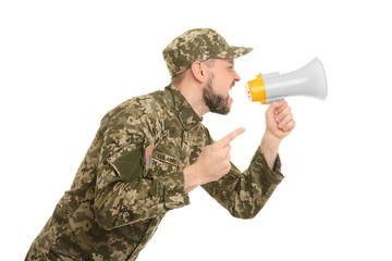 Military man shouting into megaphone on white background