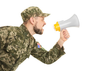 Military man shouting into megaphone on white background