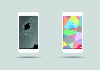 White modern phone with broken screen glass and on and off screen with shadow on gray background