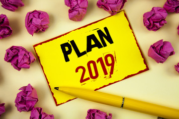 Conceptual hand writing showing Plan 2019. Business photo text Challenging Ideas Goals for New Year Motivation to Start Concept For Information