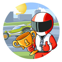 Naklejka premium Champion Racer with a Golden Cup and His Racing Car. Coloring Book. Colored Illustration.