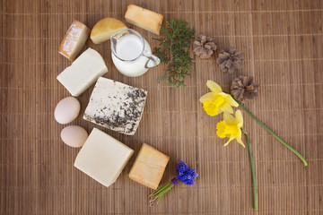 Table decoration of different flavors of cheese